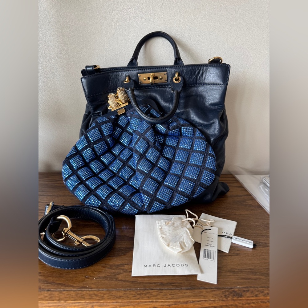 Vintage Y2K Navy Blue Marc Jacobs Duffy Frog Kisslock Tote Bag